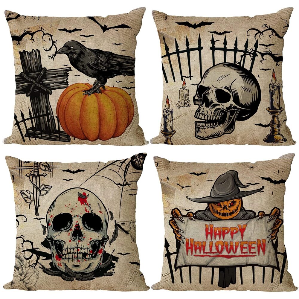 6548 Halloween Pillow Covers 14x14 Set of 4 Vintage Halloween Decorative